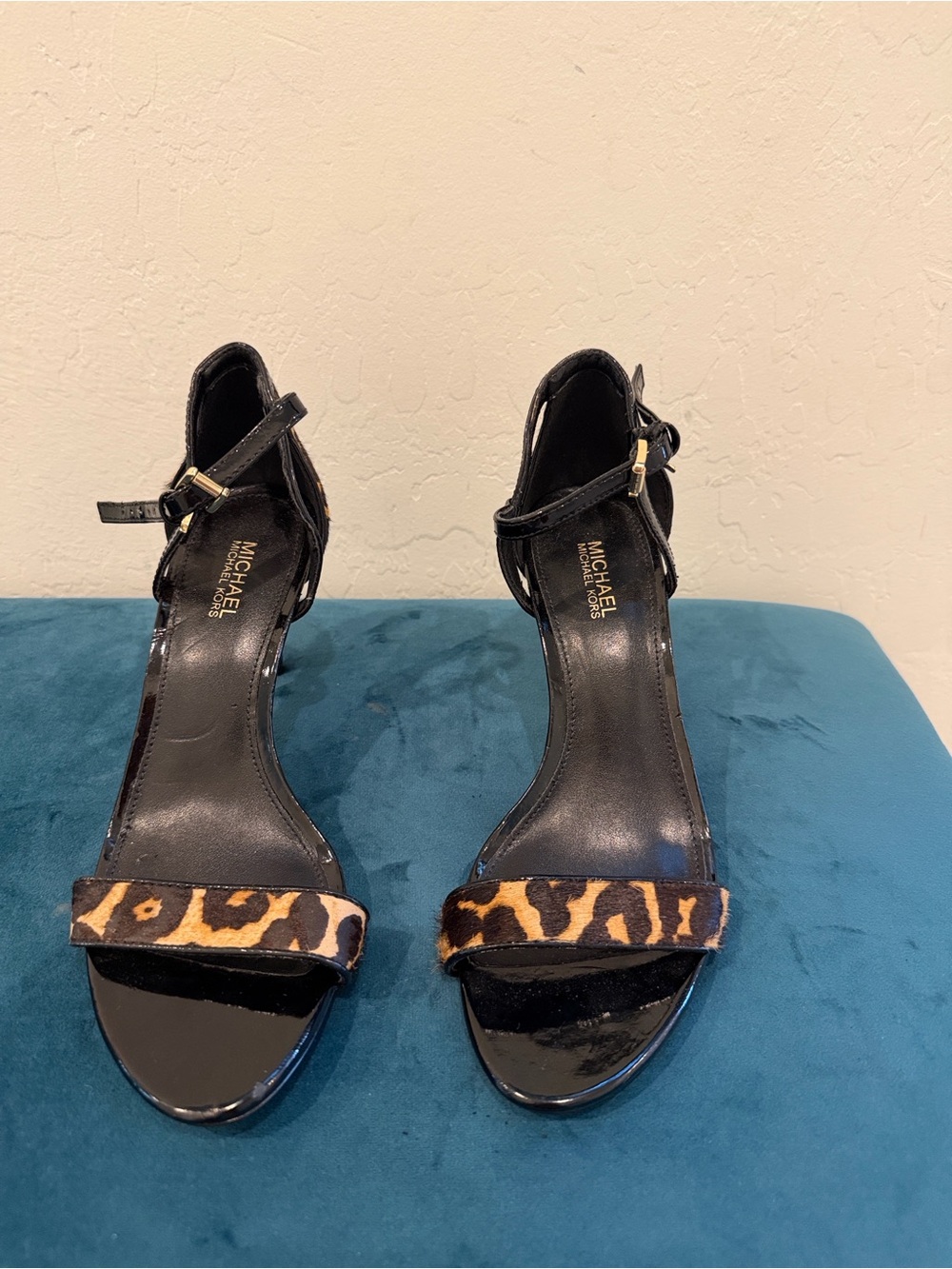 Michael Kors Black Patent Leather Heels with Leopard Print Strap